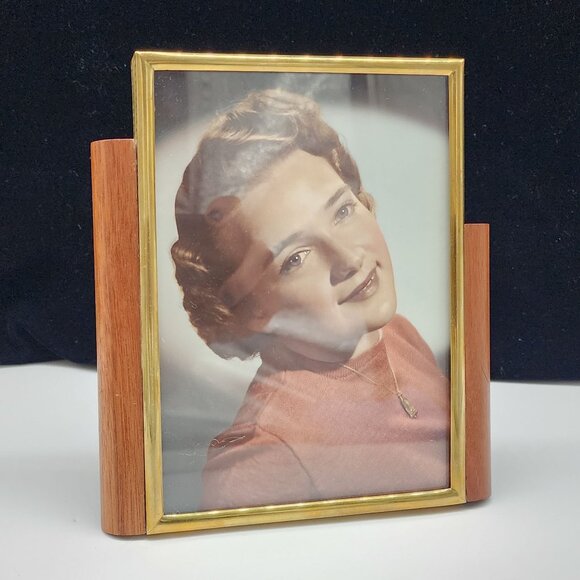 MCM Art Deco Teak Wood & Brass Photo Picture Frame 6.5"x7" VTG - Picture 3 of 9
